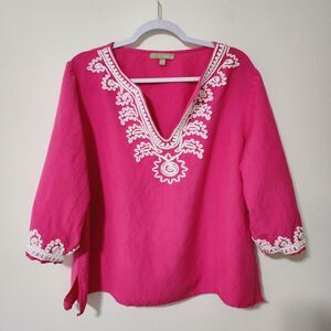 Appraisal Womens 3/4 Sleeve Tunic Top Pink Ramie-Rayon Split-Neck Size 2X